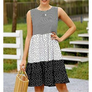 Black Stripe Polka Dot Contrast Tiered Dress